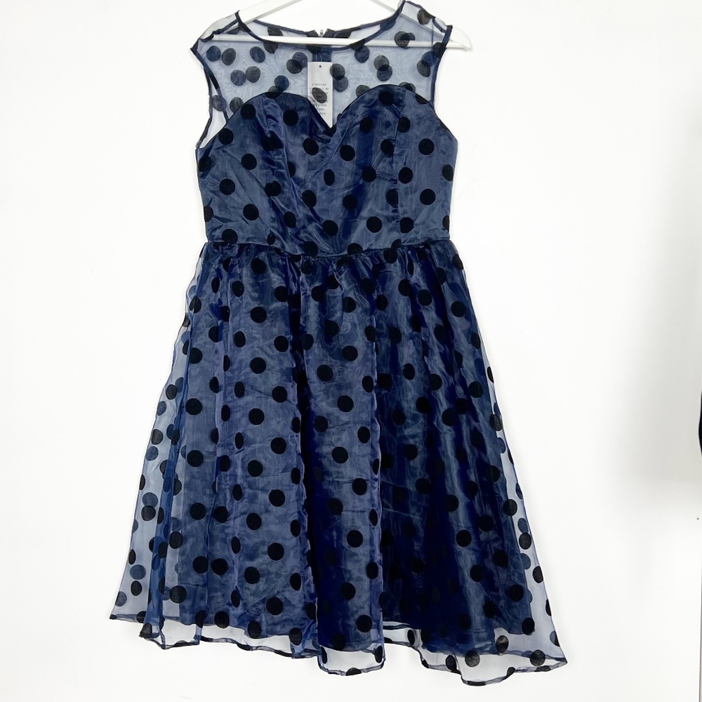 Lindy Bop Womens Dress Size XL Blue Black Polka Dot Sheer Retro 50's NWT RARE A
